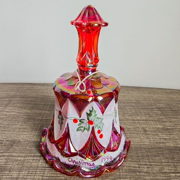 Fenton Vintage 1996 Ruby Red Carnival Glass Handpainted Holiday Christmas Bell - Picture 1 of 11